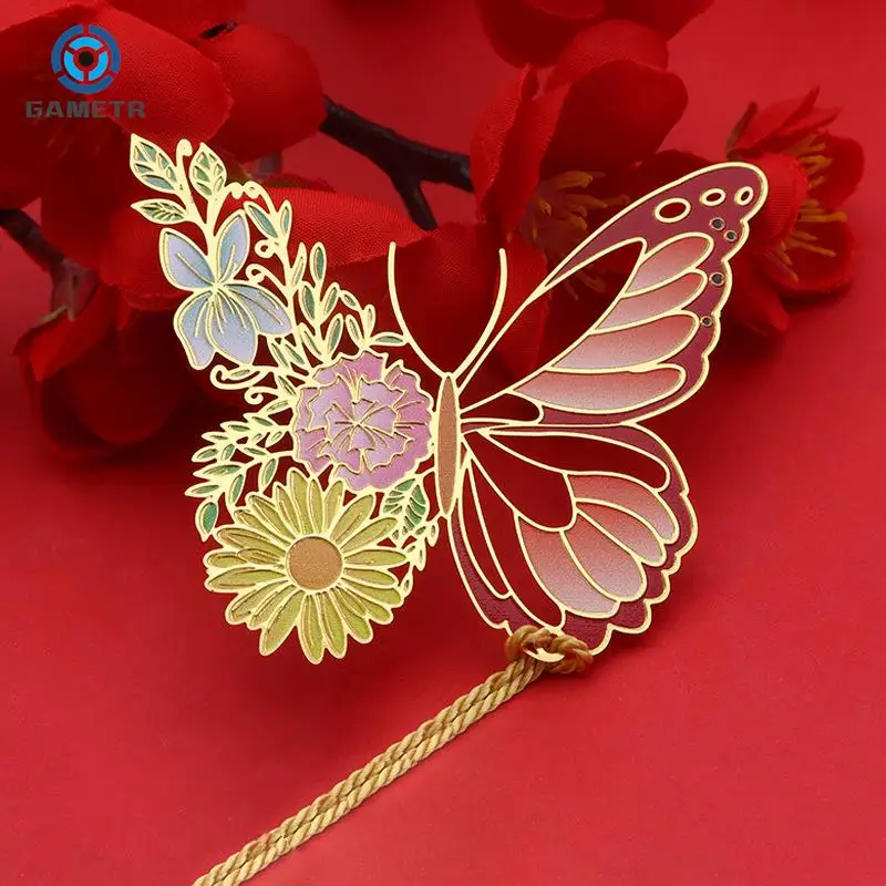 Chinese Style Metal Butterfly Flower Bookmarks Exquisitely Hollow Tassel Pendant Book Clip Students Reading Tool School Supplies