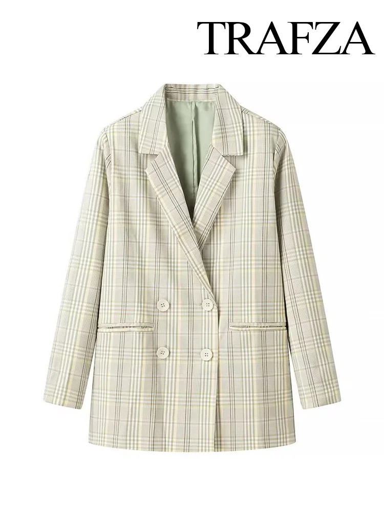 TRAFZA Female New Fresh Green Plaid Double-breasted Blazer Women Turn Down Collar Long Sleeves Daily Commuting Pockets Jacket