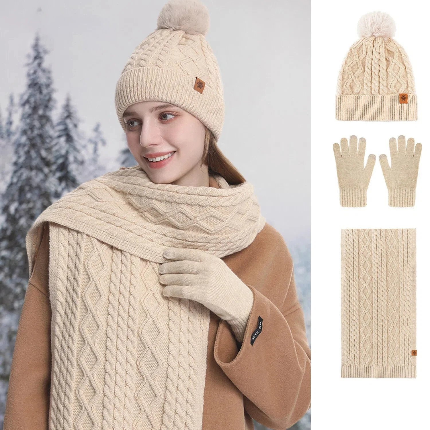 Women's Outdoor Warm Fleece-lined Knitted Hats Winter Cold-proof Double-layer Stocking Cap One/three-piece Set Skullies