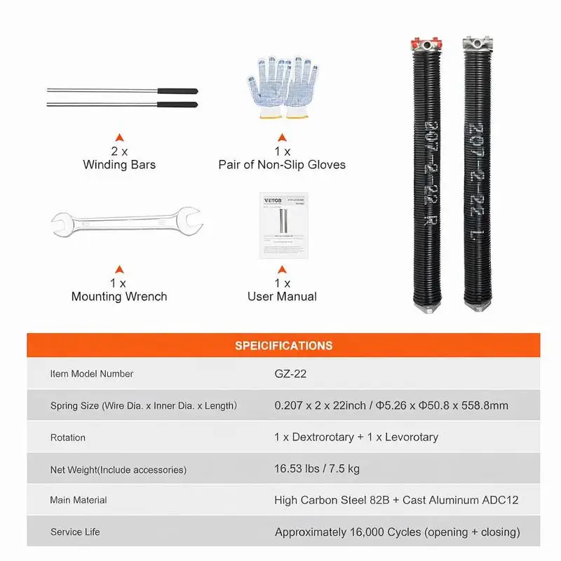 

Garage Door Torsion Springs, Pair of 0.207 x 2 x 22inch, 16000 Cycles, Garage Door Springs with Non-Slip Winding Bars, Gloves and Mounting Wrench, Electrophoresis Coated for Replacement