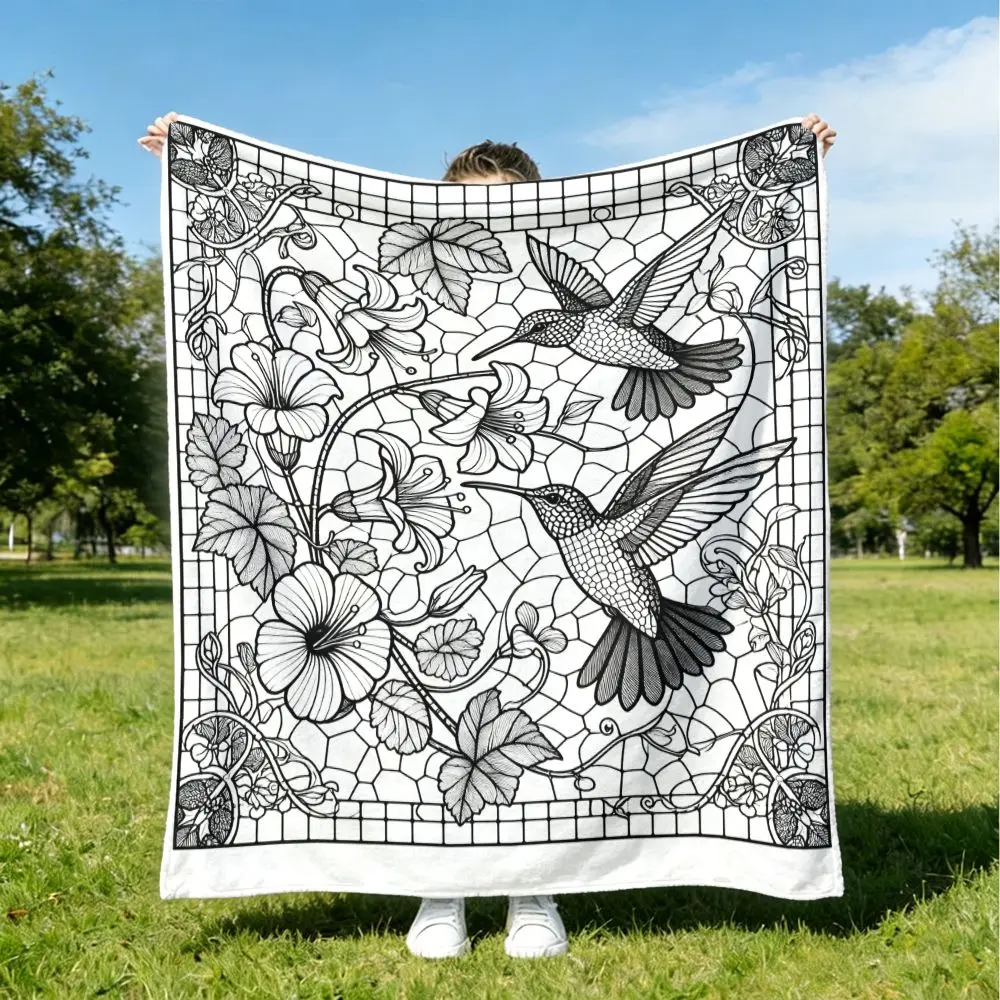 1pc Hummingbird‑Flower Sketch‑Print Throw Blanket, Sofa Decor, Skin‑Friendly DIY Coloring Gift for Adults
