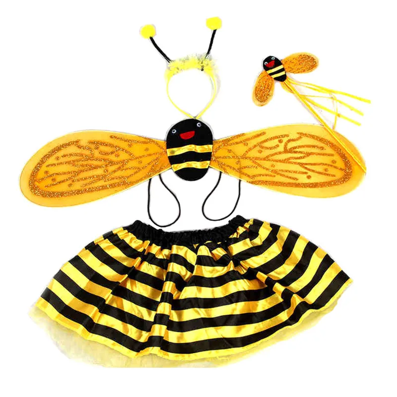4 Piece Yellow Bee Cosplay Costume Halloween Girls Bee Antennae Headband Hairband Wings Magic Wand Funny Dress Fairy Props Set