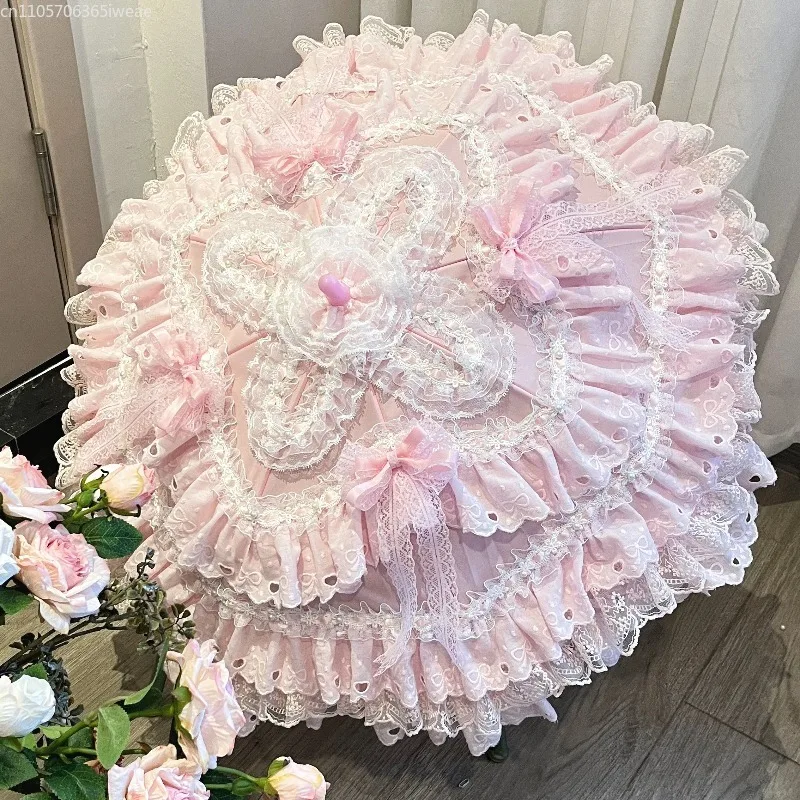 Original Handmade Lolita Umbrella Tea Party Small Western Umbrella Photography  Girl Heart Prop Luo Umbrella Pink Flower Wedding