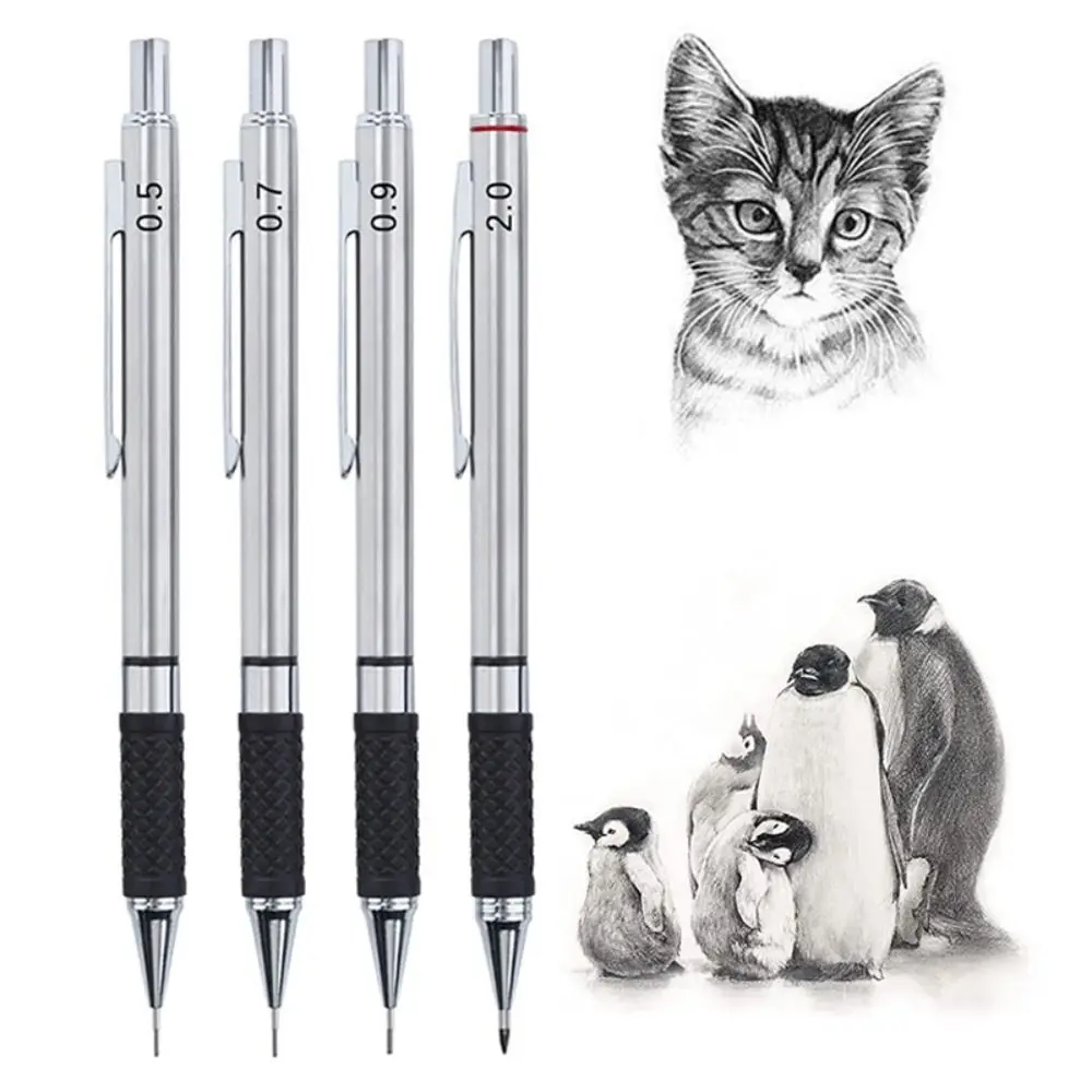 0.5/0.7/0.9/2.0MM Automatic Pencil Metal Soft Grip Movable Pencil Drawing Writing Tool Propelling Pencil Sketch Comics Design