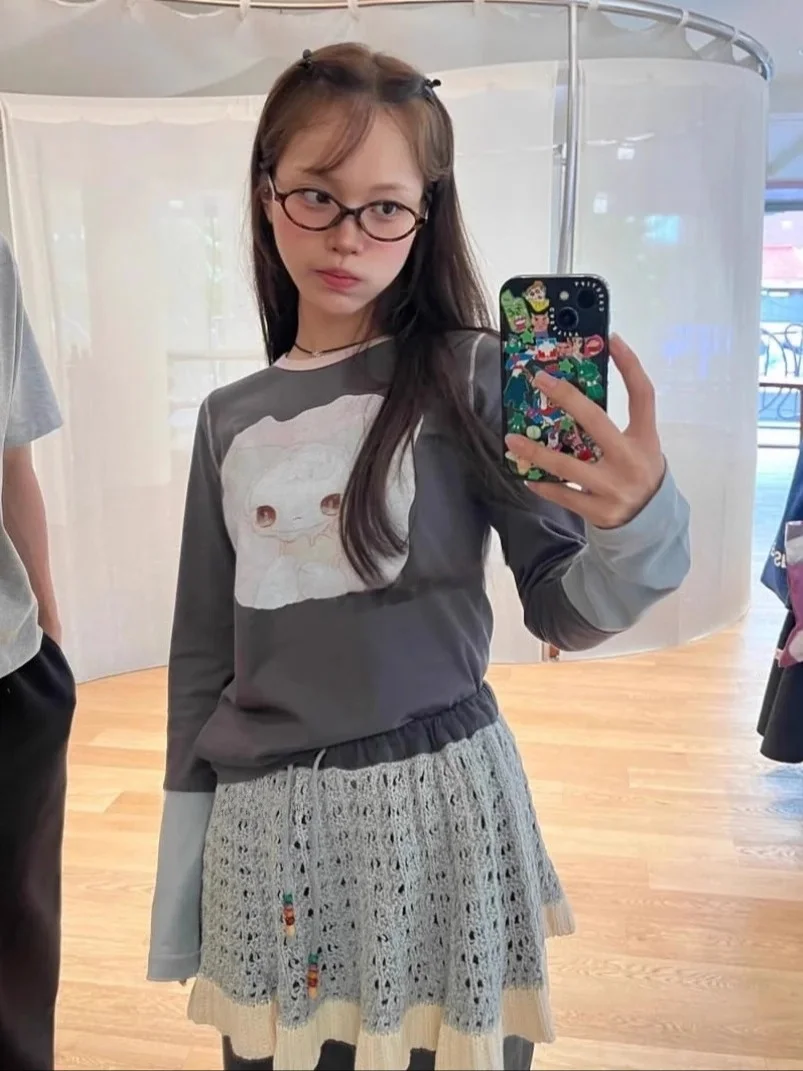 Cseta de Manga Longa com Estampa de Boneca Fena Estilo Vintage Japonês Slimming Top Versátil Respirável gável à Pele