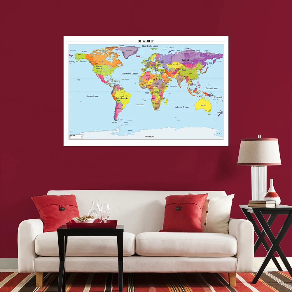 Póster detallado del mapa del mundo en holandés, lienzo no tejido, arte de pared, imagen colgante decorativa, suministros escolares de oficina,