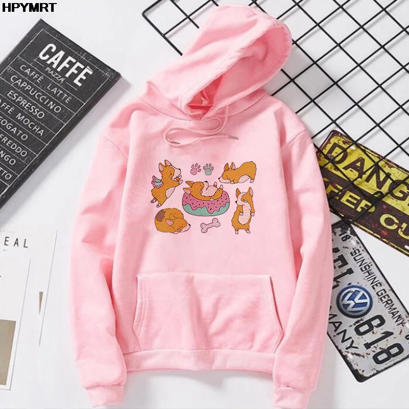 Kawaii Autumn And Winter Casual Women's clothing Sweatshirts cute corgi printing cartoon animal graphics Tops thin fleece Hoodie