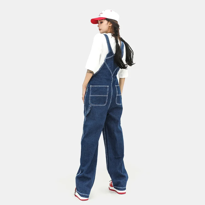 

Spliced Washed Jeans Overalls Men Ankle Length Straight Denim Pants One Piece Button Loose Fit High Street Solid Pockets