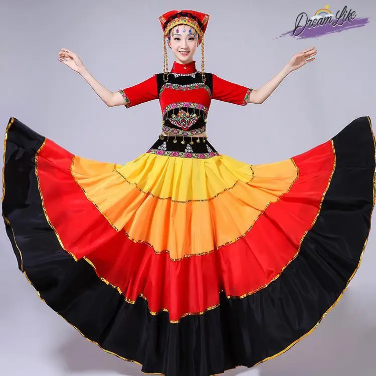 

Этническая танцевальная юбка с широким подолом, костюм для весеннего танца, танцевальная одежда для детей в стиле Хань, наряд для выступлений на фестивале «Огненный факел», женская этническая одежда...