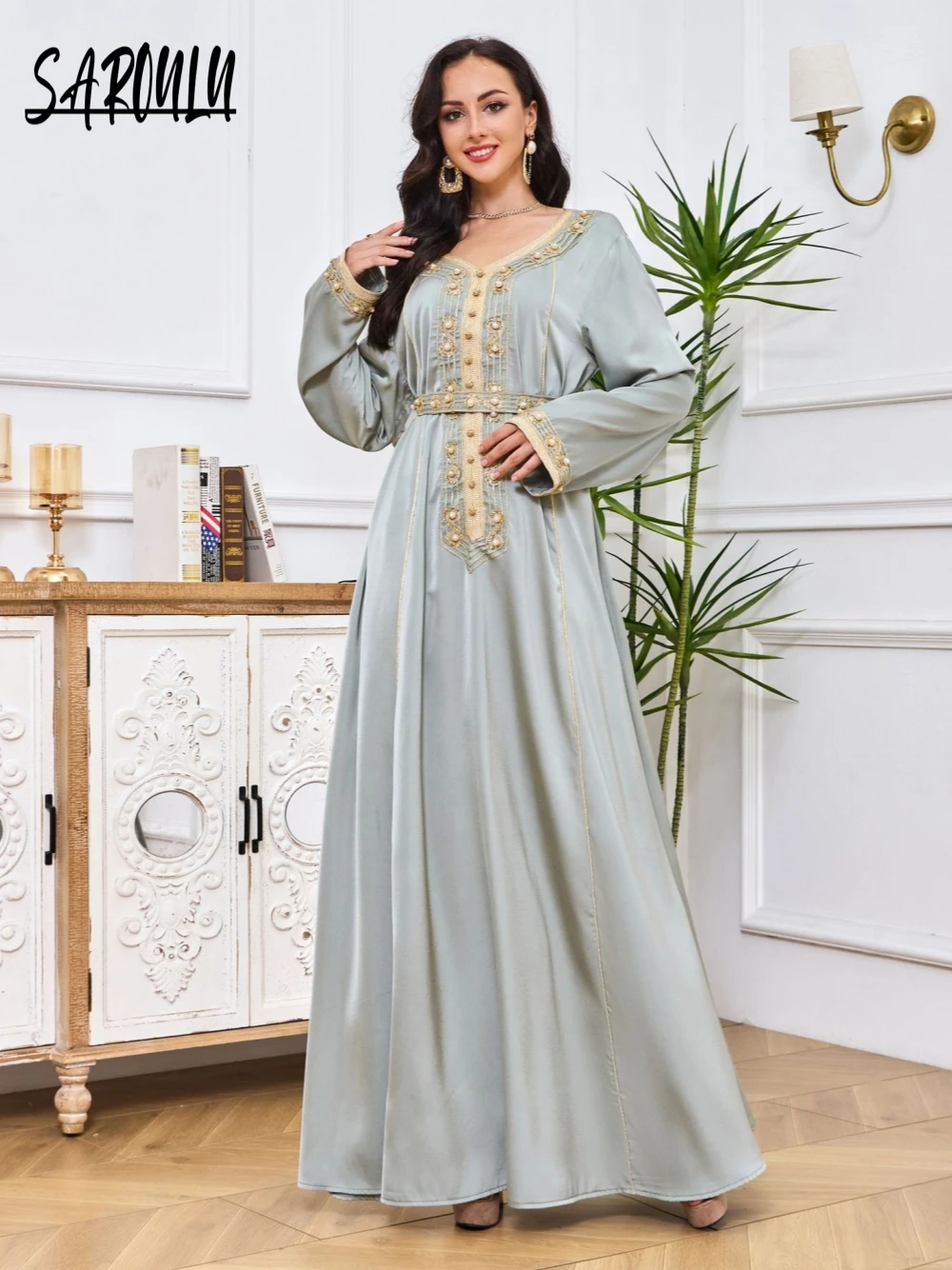 

Fashion Pearls Muslim O Neck Women Evening Dress In Stock Party Cocktail A-line Prom Elegant Abaya Customized Dubai Robe