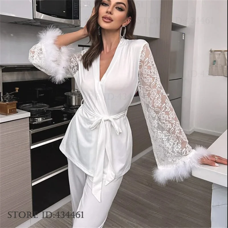 Spring Summer 2PCS Pajamas Set Female Sleepwear Sexy Perspective Lace Feather Cardigan Trouser Suits Loungewear Satin Homewear