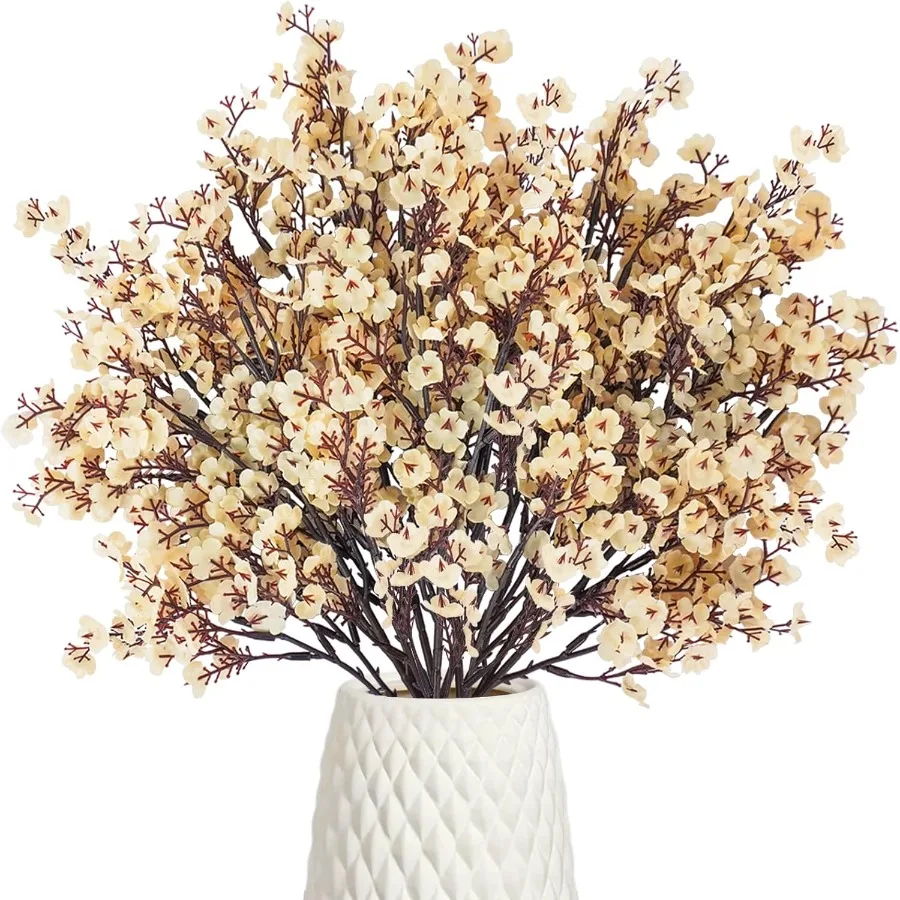 

6 Pcs Artificial Flowers Baby Breath Faux Champagne Artificial Gypsophila Bouquet Fake Silk Flowers Real Touch for Home Office