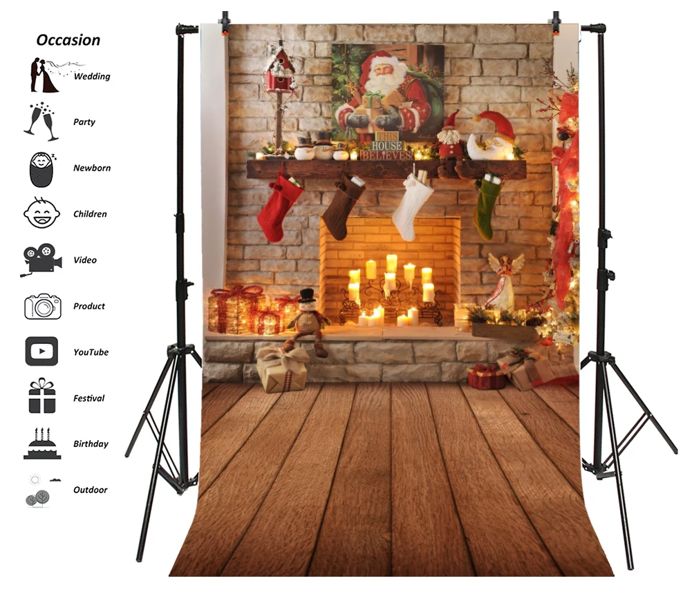 Winter Christmas Backdrop for Photography Candle Xmas Tree Fireplace Wood Floor Kid Family Party Photocall Photo Background