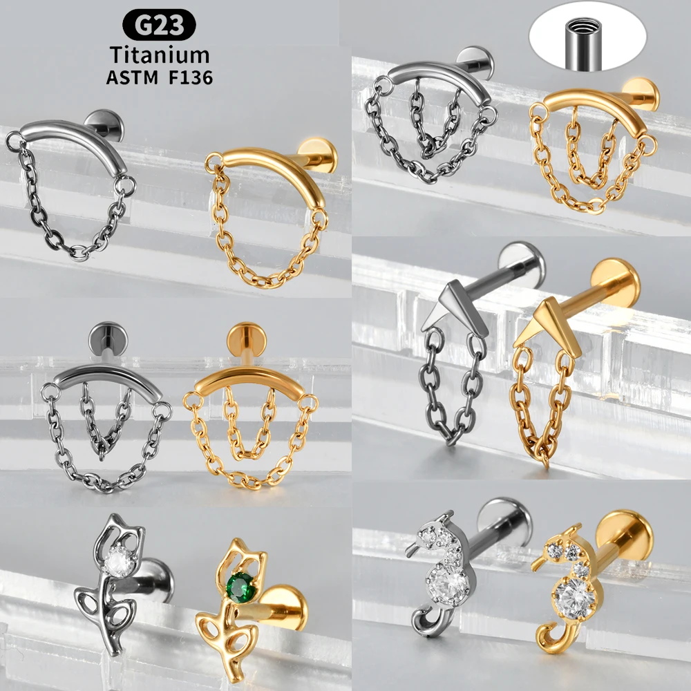 1PC Internal Thread Chain Pendant Cartilage Tragus Earring  F136 Titanium Hippo Flower Inlaid Zirconia Labret Lobe Ear Stud