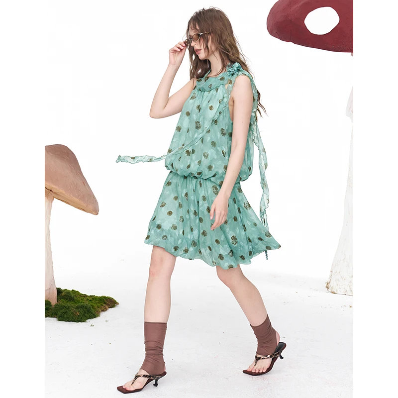 ELFSACK Women's Mint Green Polka Dot Halter Dress, Ruffle Neck with Rose Ribbon, Elastic Waist Woven Casual Sundress