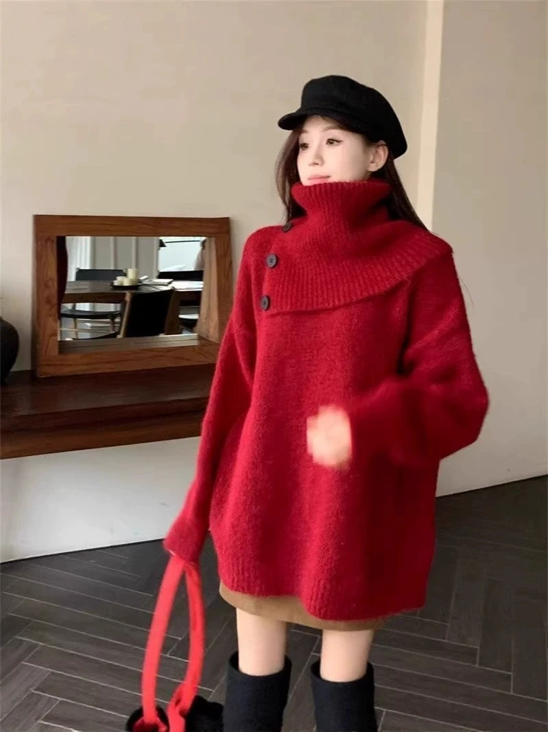 Women Button Asymmetric Turtleneck Sweater Long Sleeve Loose Knit Pullover Jumper Female Fall Winter Knit Tops Christmas dress