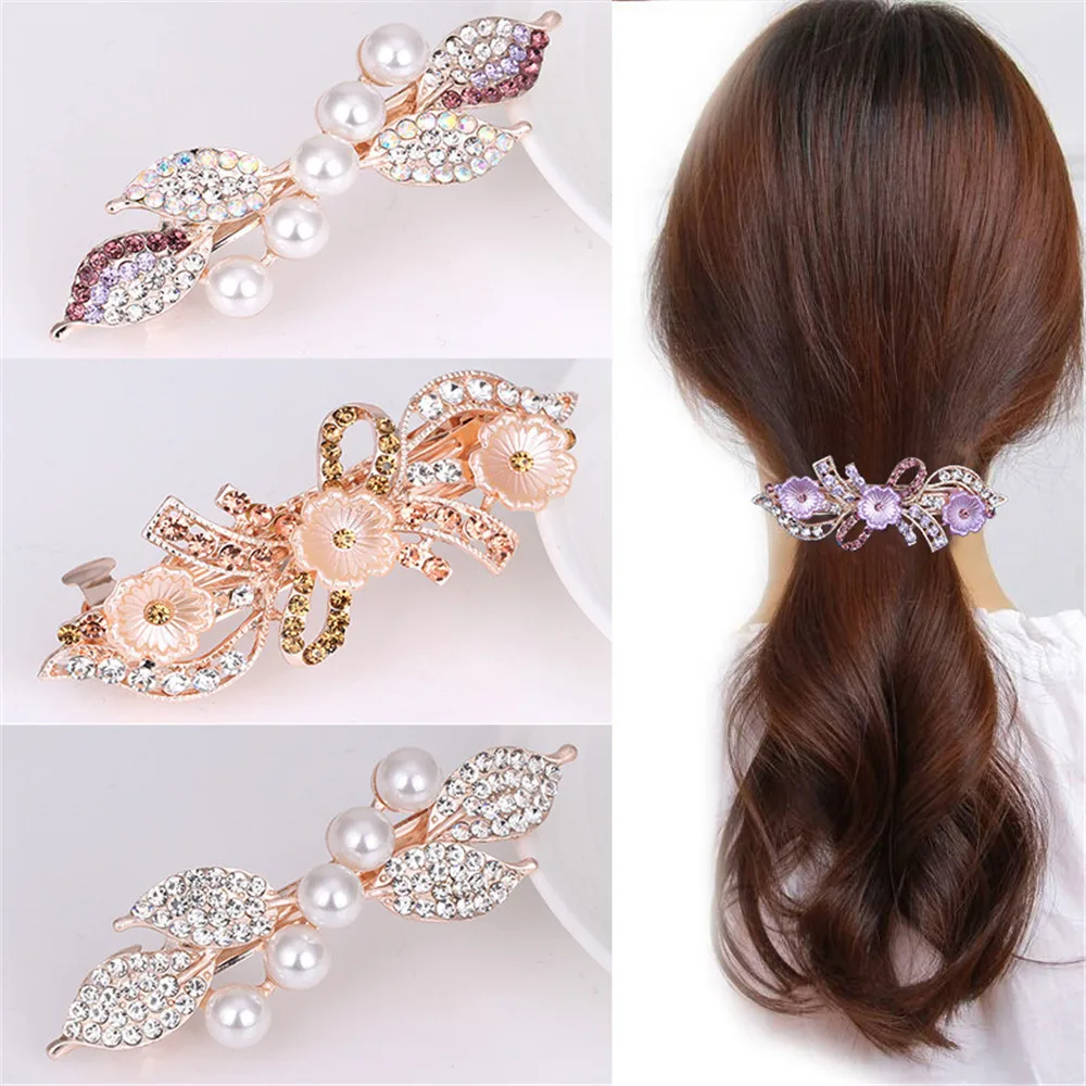 Fashion Imitation Pearl Crystal Hairpins for Women Luxury Rose Flower Rhinestone Horsetail Hairclips Barrettes Hair Accessories