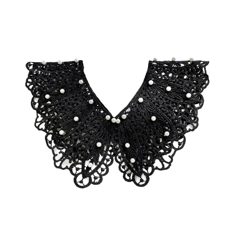 

Vintage Style Womens Doll False Fake Collar Hollow Out Crochet Lace Half Shirt Necklace Shawl with Imitation Pearl Bowtie