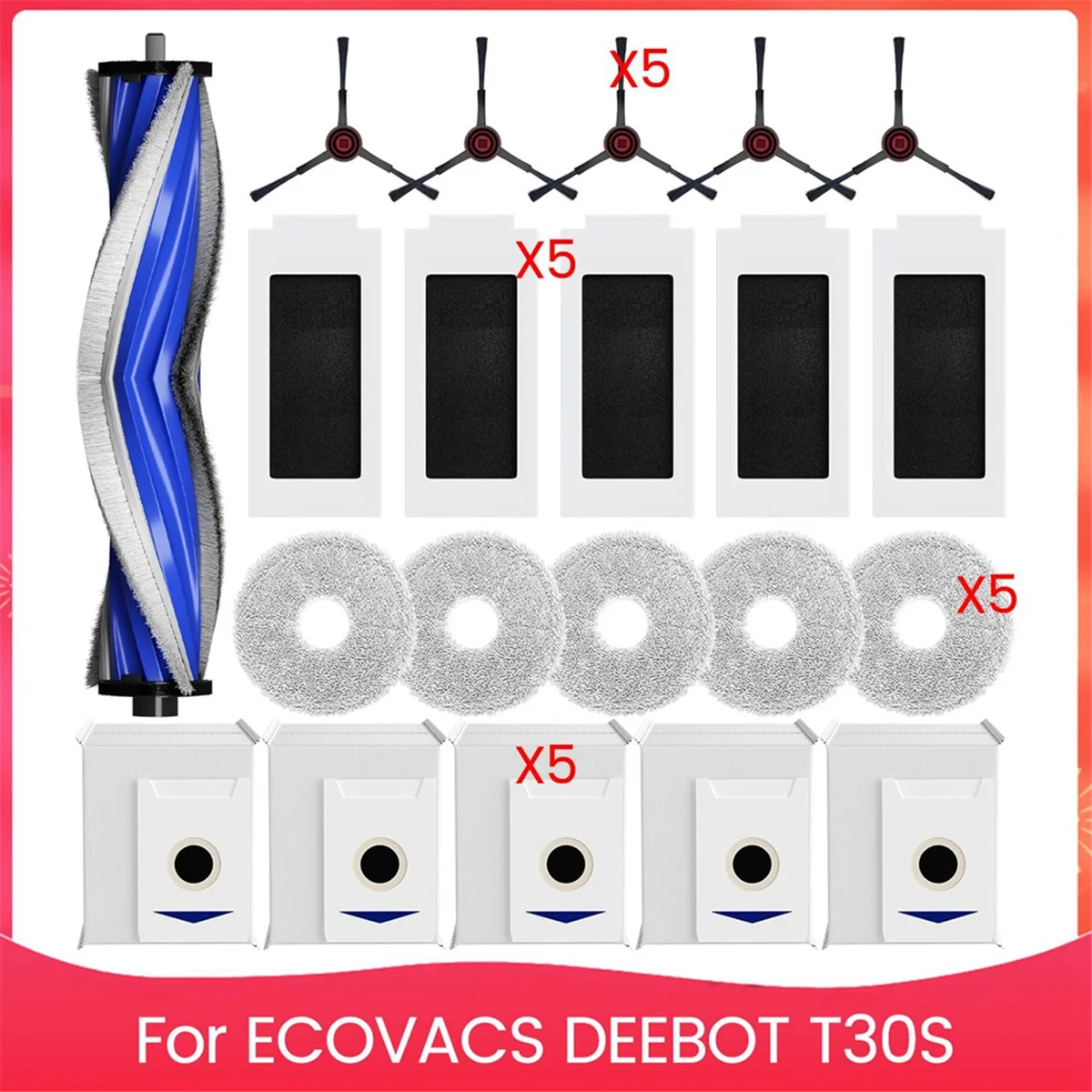 A66T-T30s Vacuum Accesories Kit for ECOVACS DEEBOT T30S Combo Robot Vacuum Replacement Parts Brush Filters