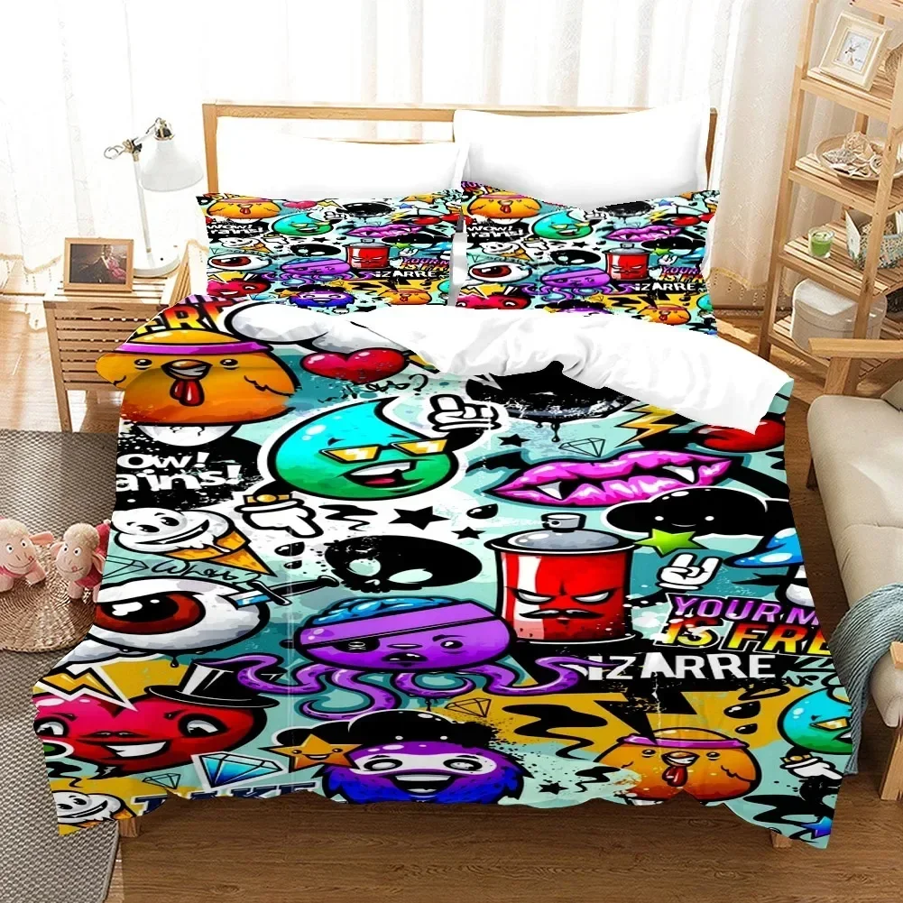 Cartoon Style Hip-Hop Graffiti 3D Printed Duvet Cover Pillowcase Bedding Set, Teenagers Bedroom Decor Bed Kit，Single_Queen Size