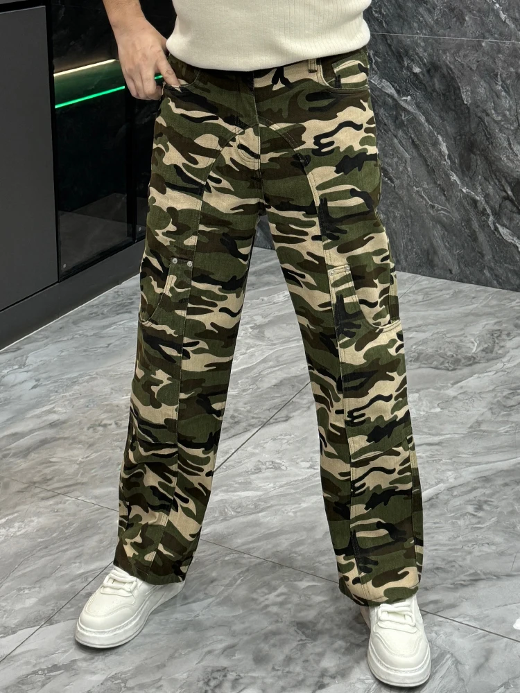 

Камуфляжная рабочая одежда, джинсы, мужские зимние трендовые свободные широкие брюки, молодежные американские прямые брюки Sle Haome