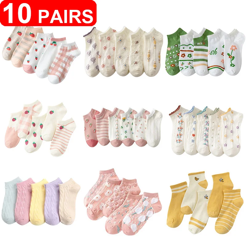 48 Styles 5/10Pairs Womens Short Boat Socks Spring Autumn Cartoon Ankle Meias Sock Female Breathable Calcetines Mujer Lady Socks