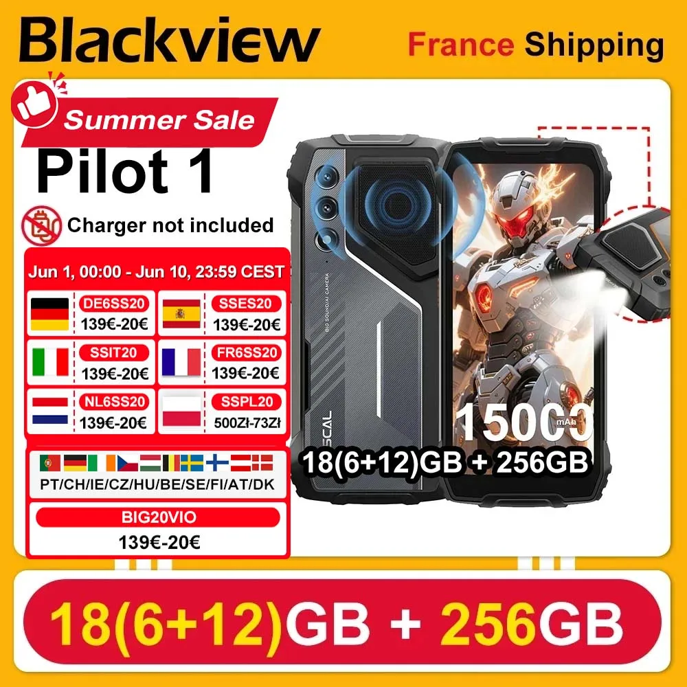 Oscal Pilot 1 [pas de chargeur UE] Smartphone robuste 18 Go (6 + 12), 256 Go, 15 000 mAh, double lampe de poche, écran 6,67 pouces, Android 14, 50 MP, 138 dB
