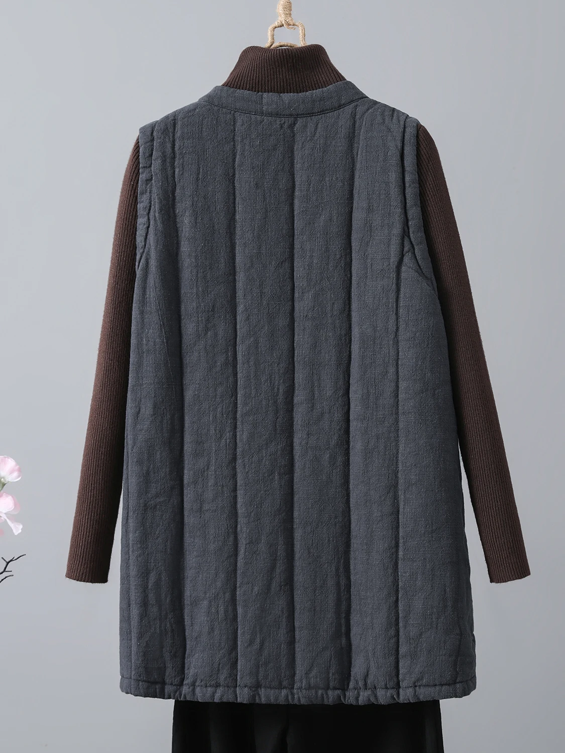 Rompi Wanita Musim Dingin Bahan Katun Linen Tebal Retro Kancing Hangat Kerah Bulat Lengan Panjang Warna