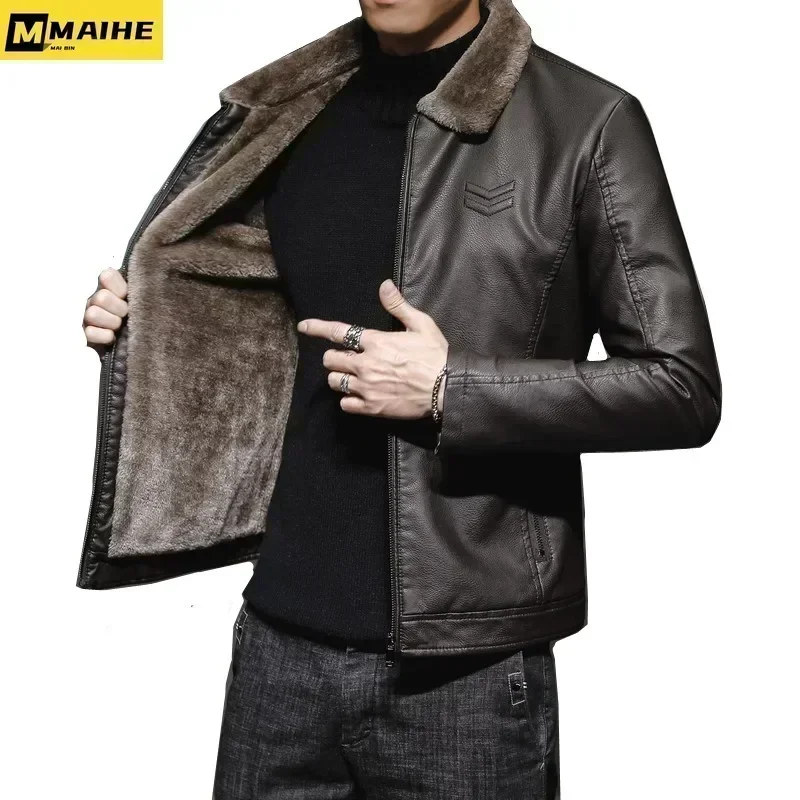 Vintage bruine leren jas heren winter namaakbontkraag winddicht warme jas mannelijke luxe kleding merk chaqueta cuero hombre