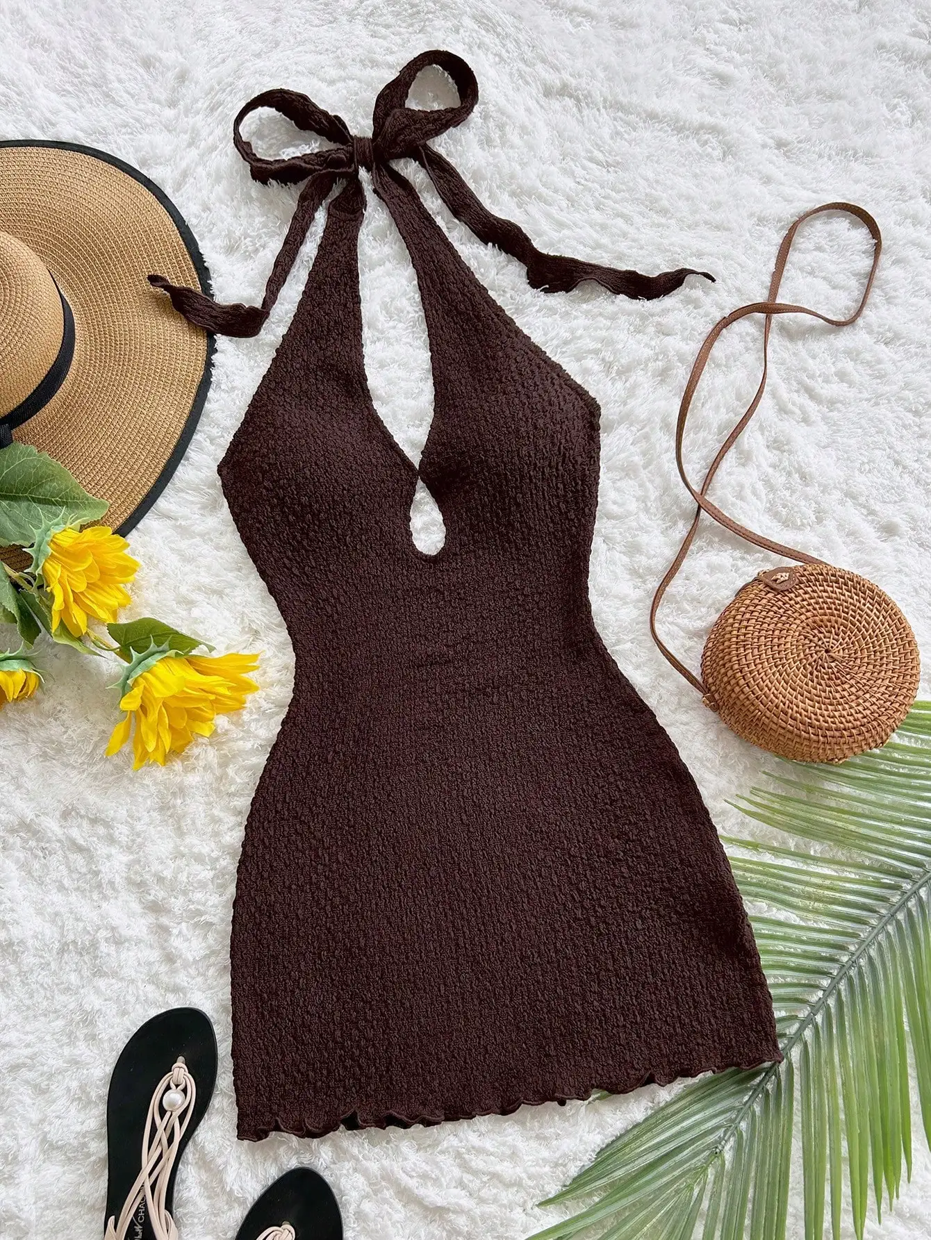 

Brown Textured Knit Halter Neck Mini Dress with Cutout and Tie Back
