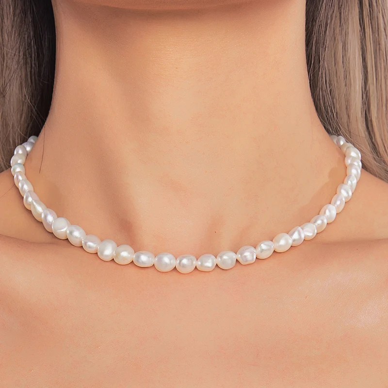 Baroque Shaped  Natural Freshwater Pearls Necklace 8-9mm 925 Sterling Silver Chain Fashion Elegant  Jewelry Hot Gifts  for Women