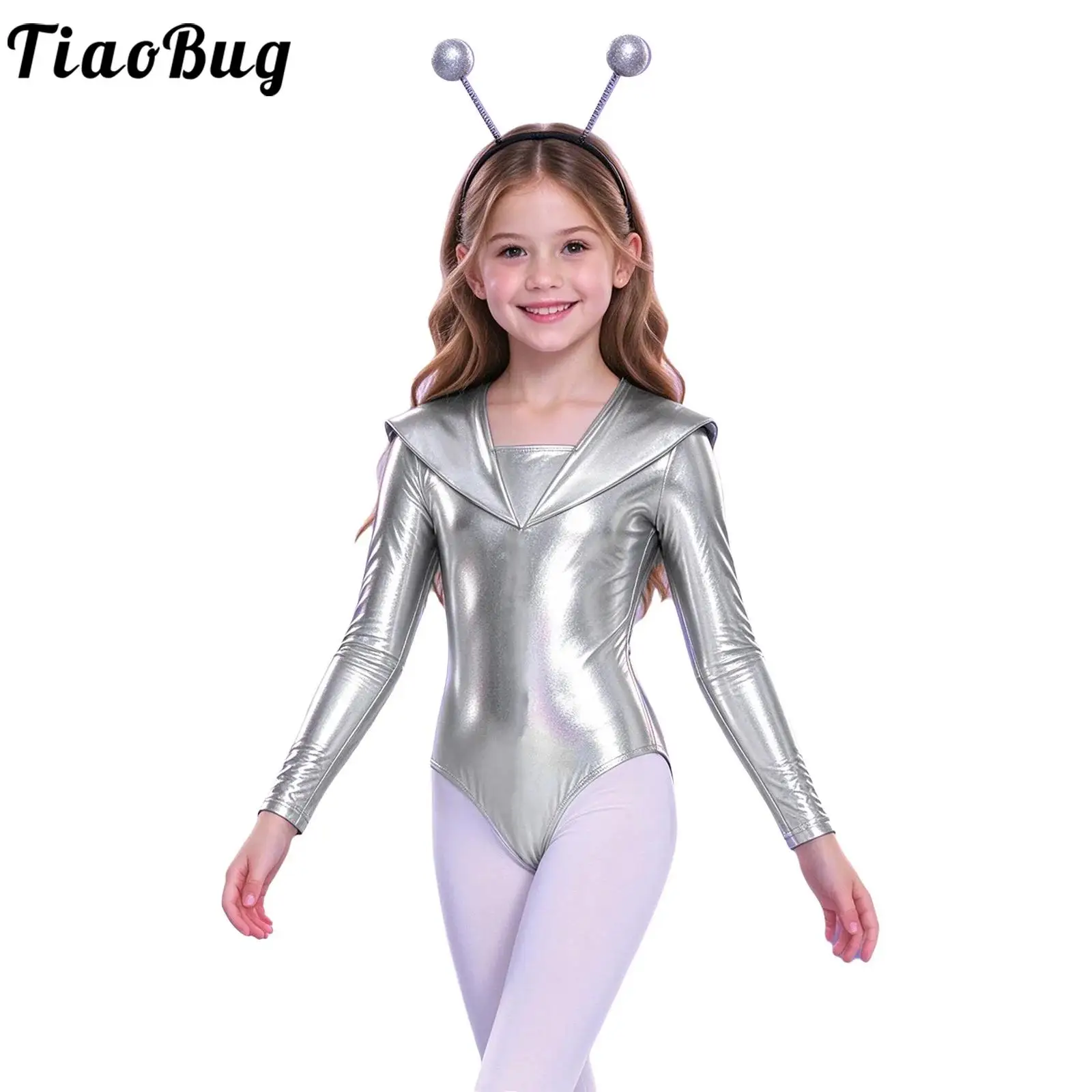 Girls Alien Costume Halloween Cosplay Outer Space Theme Party Dress Up Long Sleeve Cutout Back Metallic Leotard with Hair Hoop