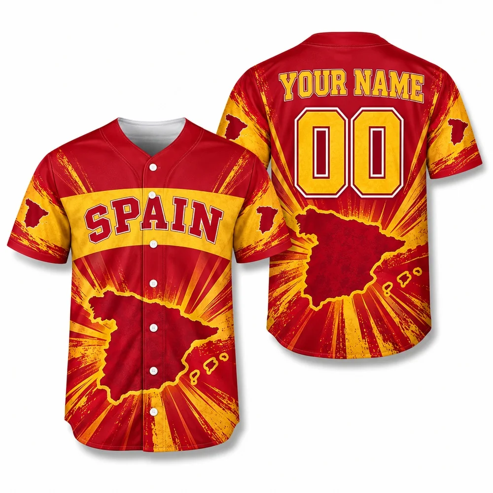 Spain Red Gold Baseball Jersey with Palace and Coastal Art All Over Print Original Jerseys Shirt for Mens Graphic Shirts