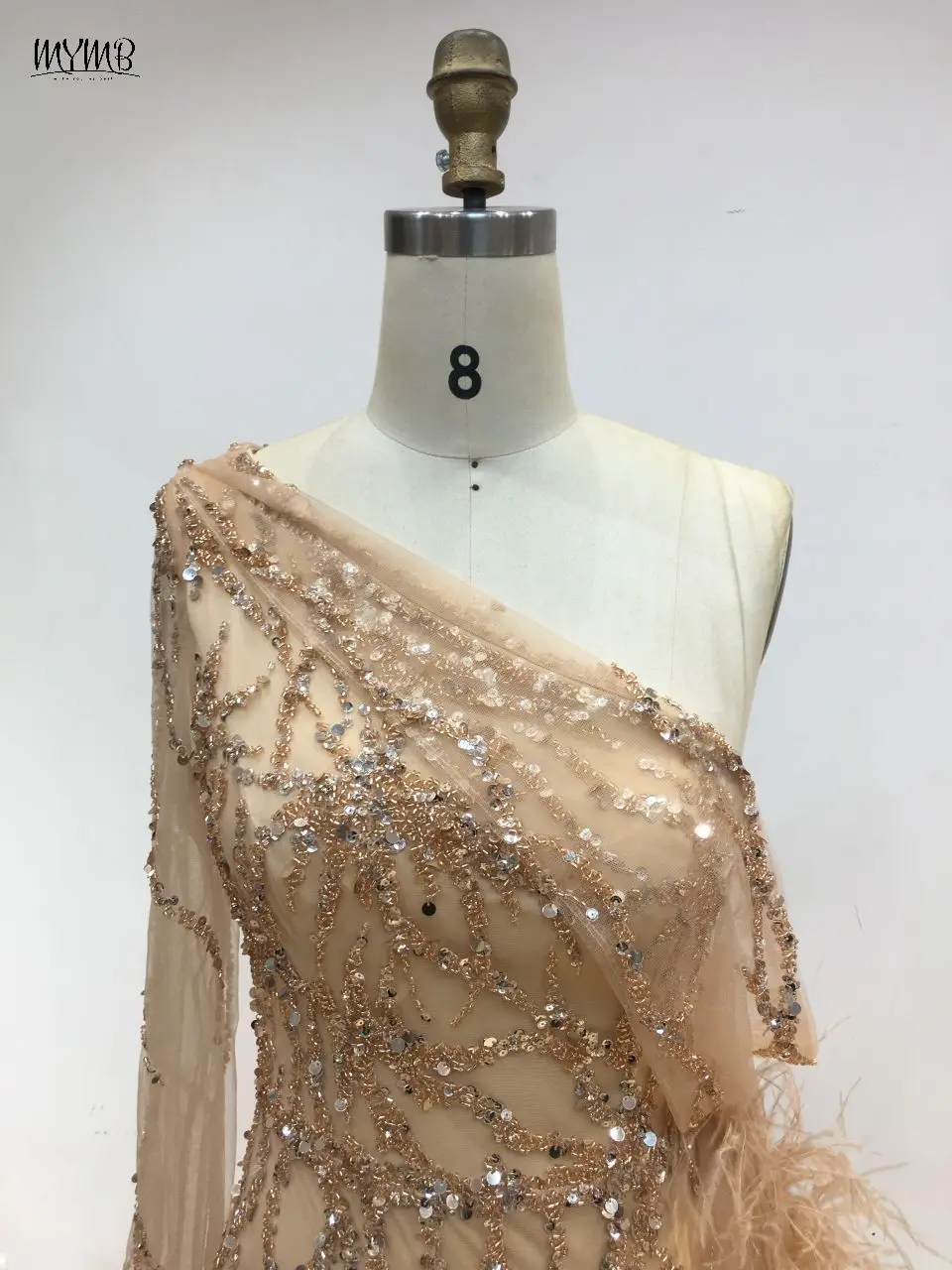 MYMB Gold One Shoulder Elegant Evening Prom Dress for Wedding Party Arabic Luxury Mermaid High Slit Beaded Feathers Formal Gown