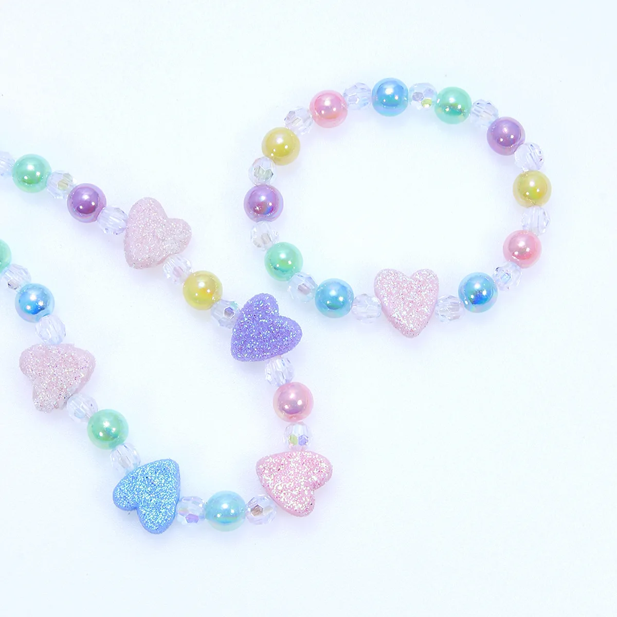 2pcs Girls\' heart-shaped decorated beaded necklaces and bracelets are worn daily throughout the four seasons in random