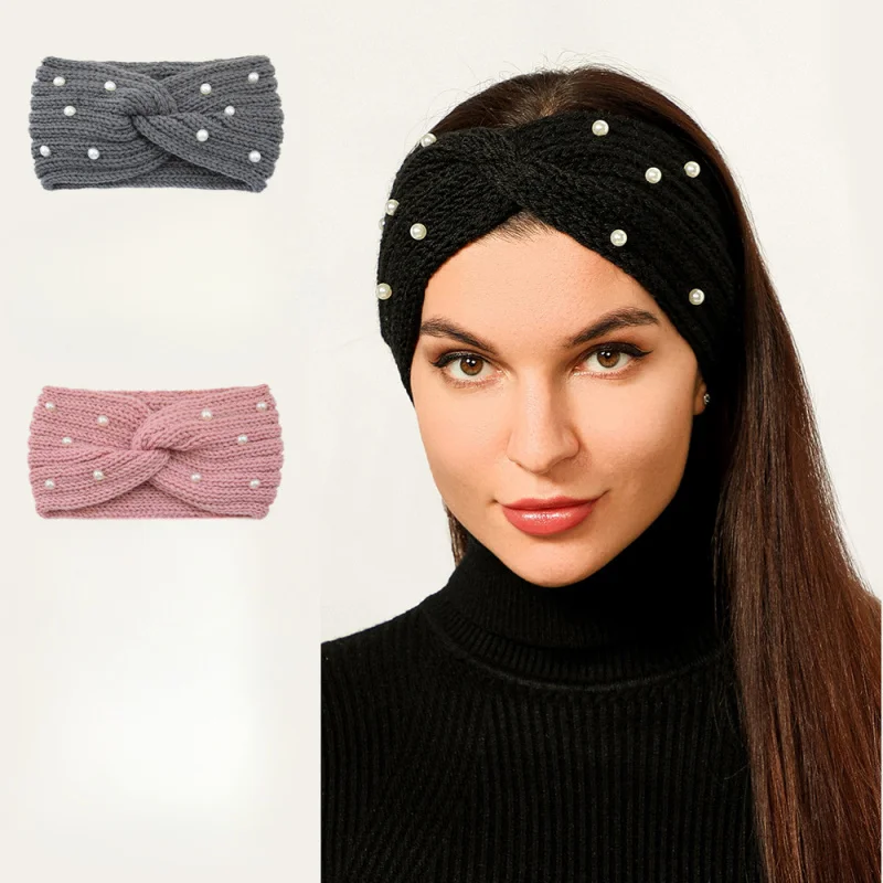 

Knitted Pearl Headband for Women, Wide Cross Ear Warmer Head Wrap, Thermal Yoga Exercise & Facial Wash Band