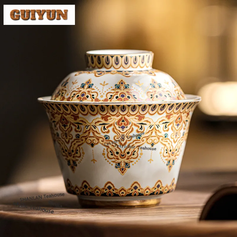 100ml Gold Drawing Plant Ash Dunhuang Baoxiang Gaiwan Retro Tea Tureen Tea Bowl With Lid Kit Tea Maker Cover Bowl Teaset Craft