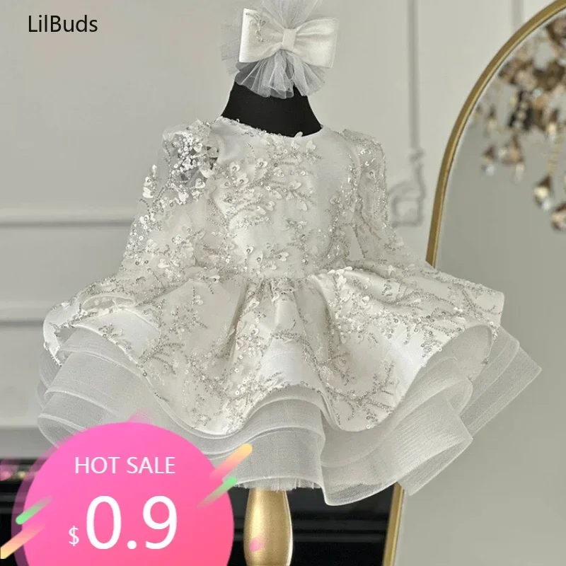

Children's Princess Elegant Dresses Costume Baby Kid's Long Sleeve Silver Clothes White Grey Handmade Decal Girls Puffy Party