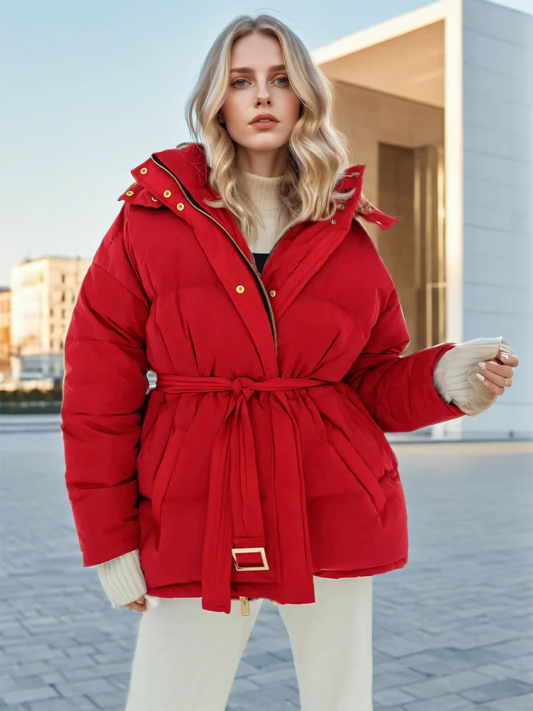 DEAT Fashion Women\'s Cotton-padded Coat Hooded Loose Zipper Solid Color Sashes Thick Warm Parka Jackets Winter 2024 New 7AB4963