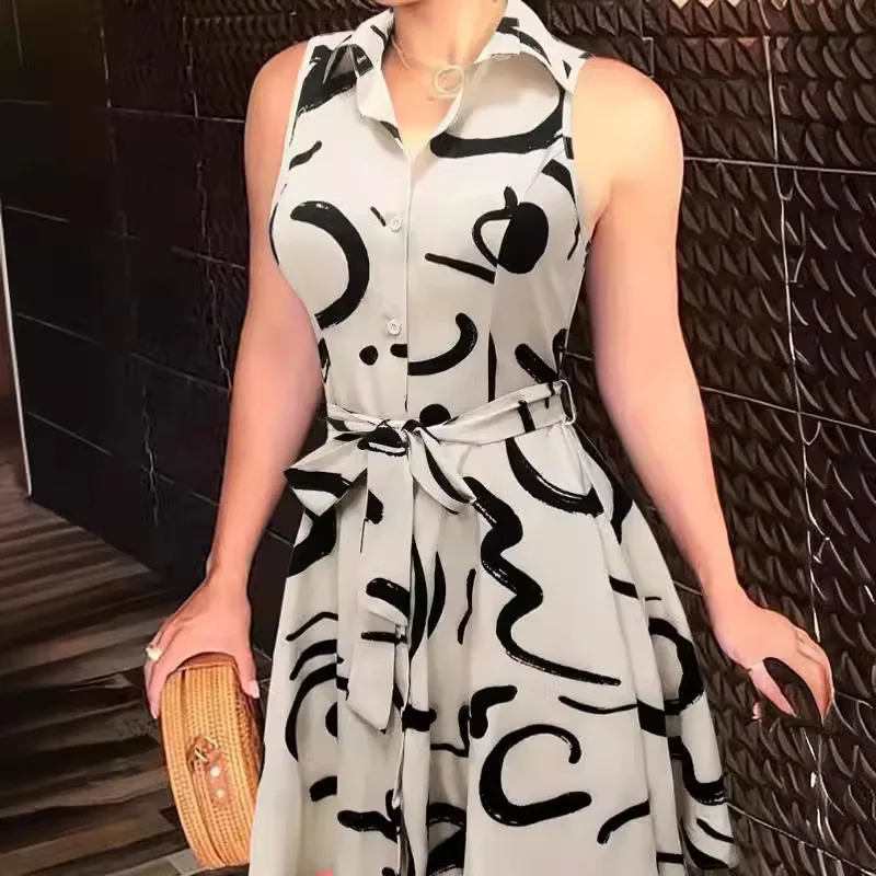 New Women's Printed Sleeveless Lace-Up Dress Shirt Skirt