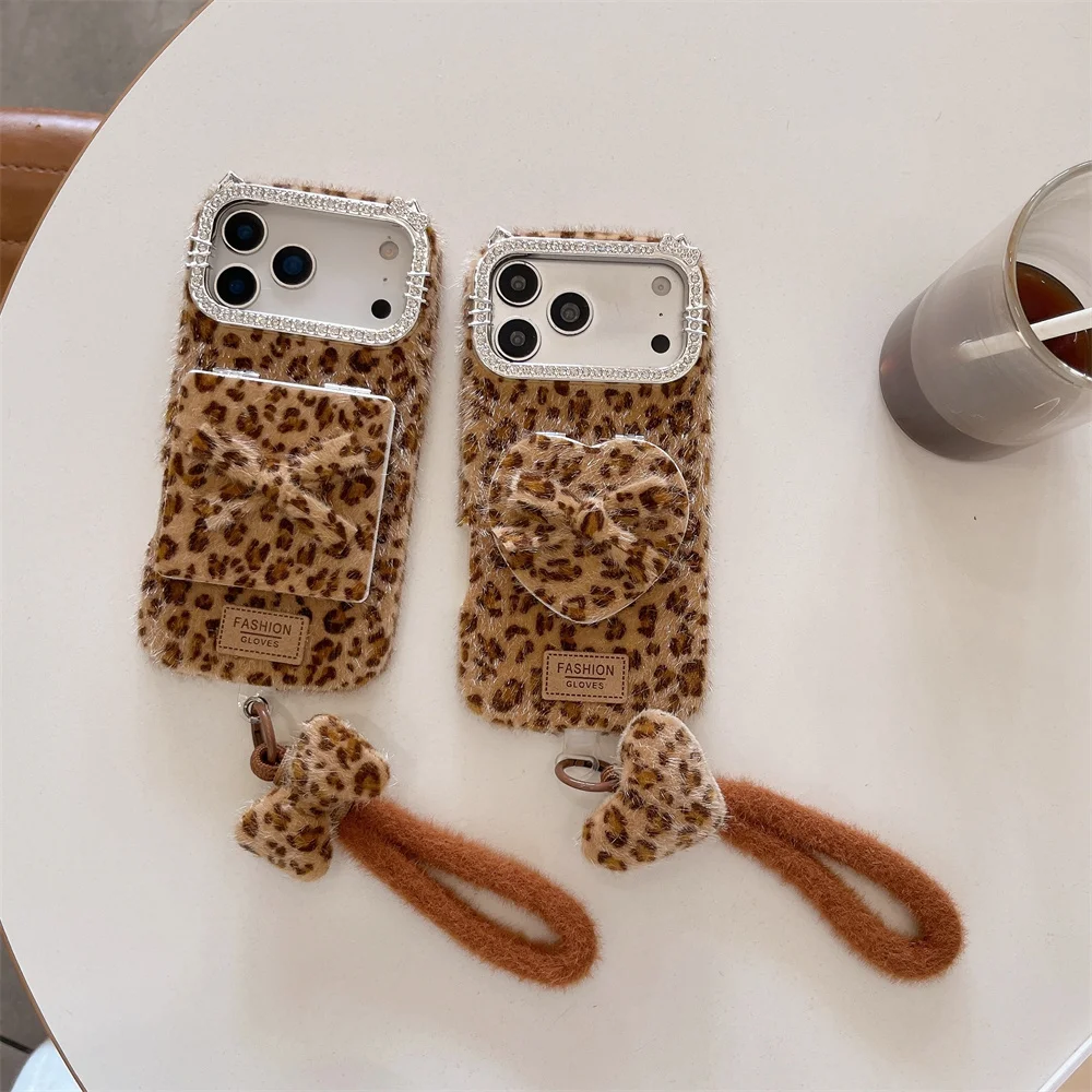 Korea Ins Leopard Plush Phone Case With Bow Card Pocket & Wrist Strap For iPhone 18 17 16 15 Pro Max Winter Shockproof Cover
