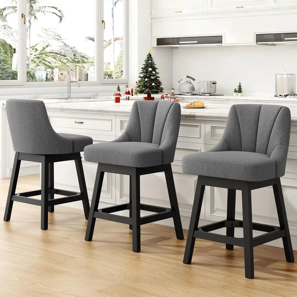 

Set of 3 Fabric-Covered Swivel Bar Stools, 26 Counter Height, Backrest, Solid Wood Legs, Grey Upholstery for Kitchen Island or D