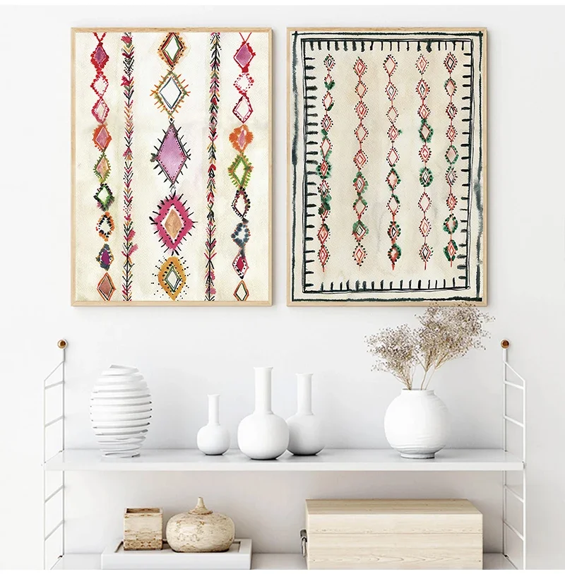 Moroccan Rug Art Painting Boho Wall Pictures , Abstract Neutral Eclectic Canvas Art Prints Home Bohemia Poster Wall Decor