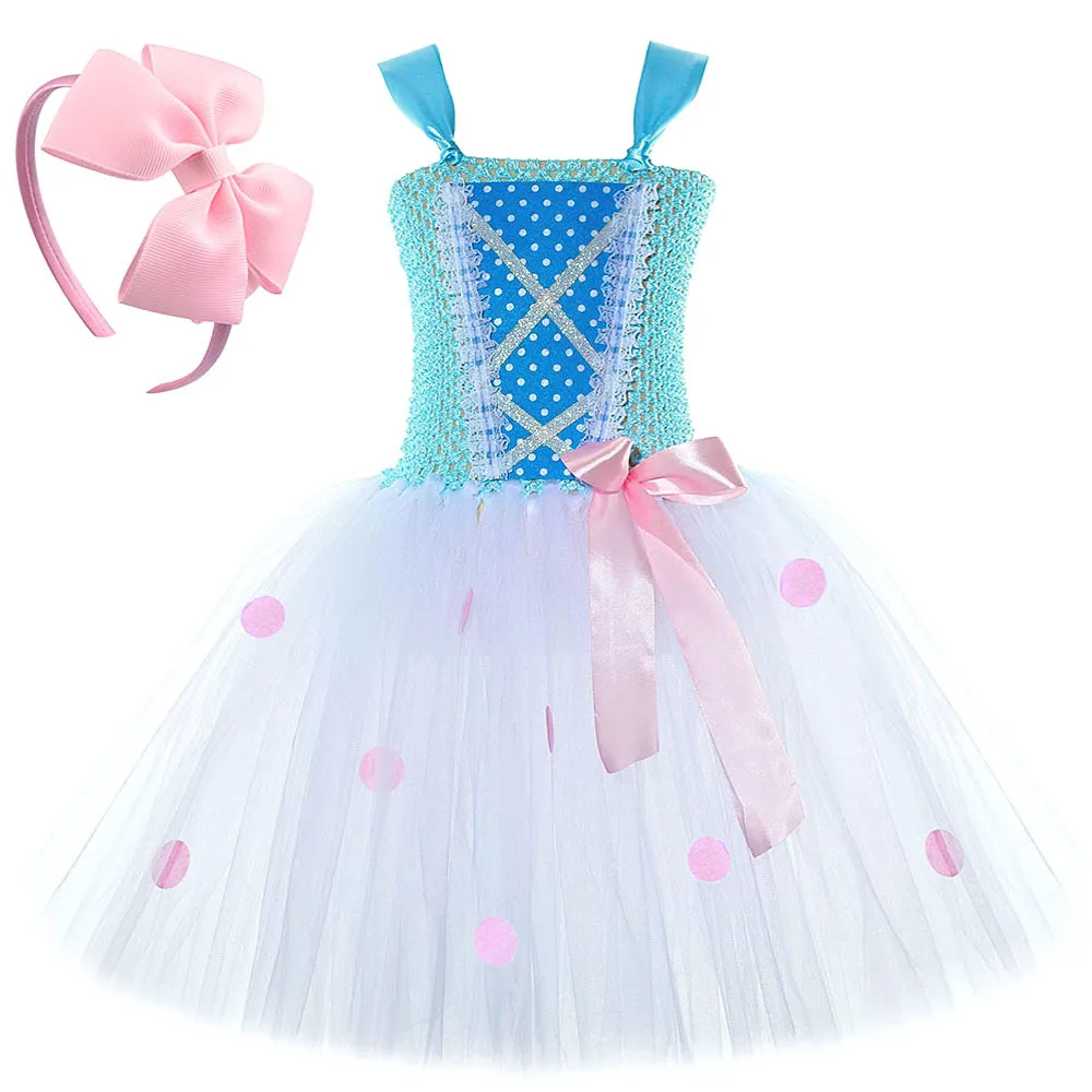 Girls Pink Polka Dot Tutu Dress Country Fairytale Princess Costume with Bow Headband Kids Halloween Birthday Carnival Outfit