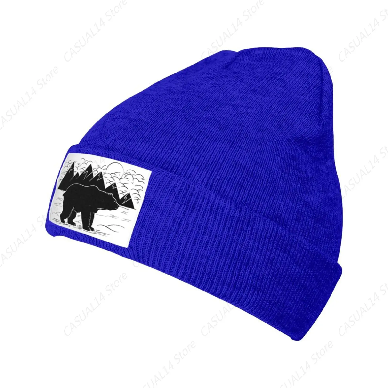 Minimalist Black Bear Strolling in The Background Mountains Beanie Hat for Men Women Winter Warm Knit Cuffed Skull Cap