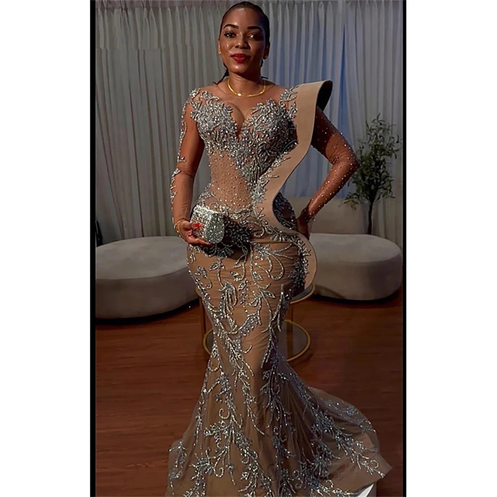 2023 Luxury Long Sleeve Beaded Evening Dresses African Mermaid Ruffels Formal Dress Beaded O Neck Party Gown Vestidos