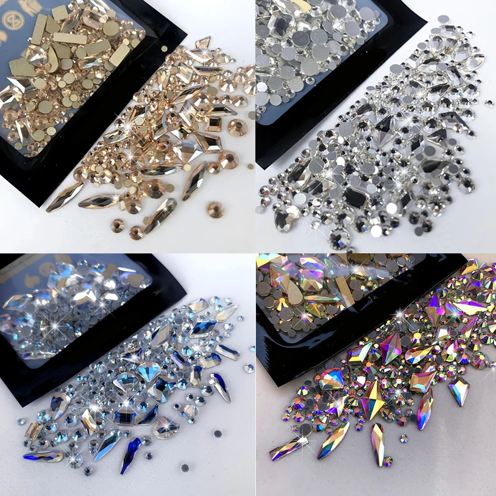 180pcs Mix-Shaped AB Flatback Nail Diamond Rhinestone Glass Rhinestones DIY Aurora Crystal 3D Rectangular Strass Nail Decoration