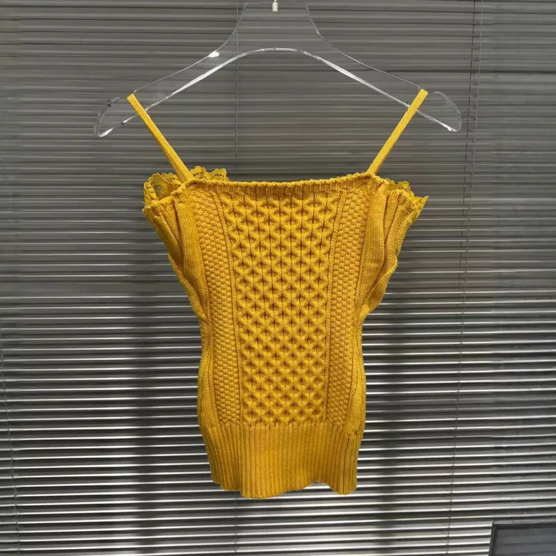 HKSH 2025 Autumn New Women Sweater Cardigan Single Breasted Coat Lace Patchwork Knitted Vest Elegant Chic Two Pieces Set HK13139