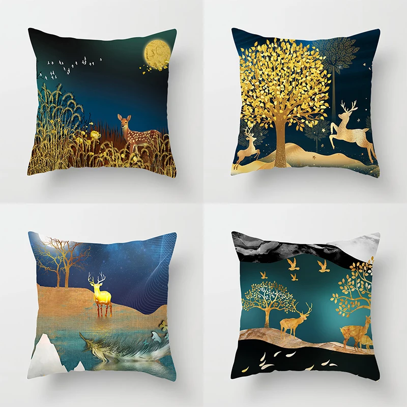 

45x45cm Golden Deer Tree Forest Scenery Pillowcase Sofa Seat Headboard cushion cover modern luxurious home decoration pillowcase