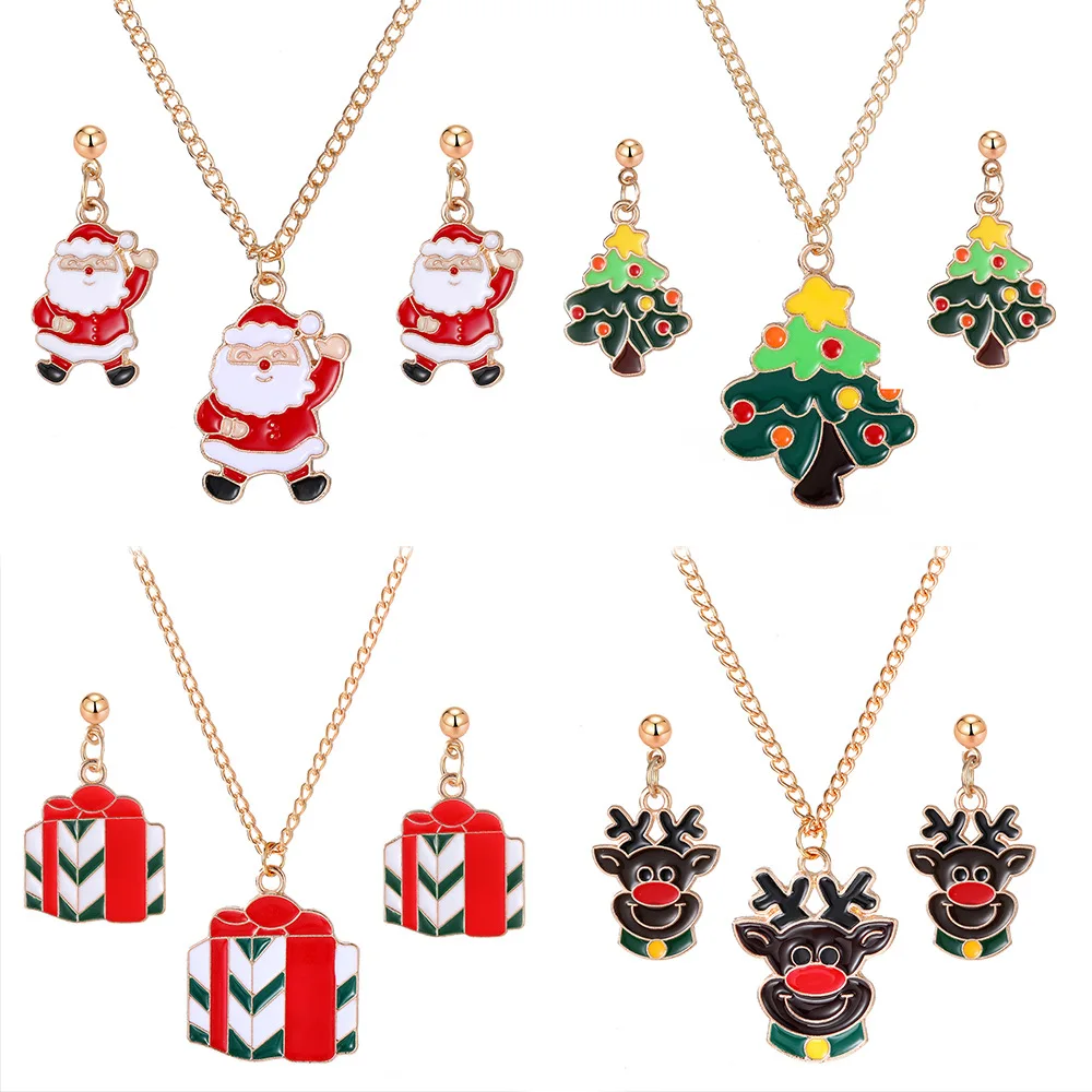 2024 nueva moda conjunto de joyería de Navidad Santa Claus Elk collar pendientes mujeres accesorios de fiesta lindo aleación esmalte regalo de Navidad